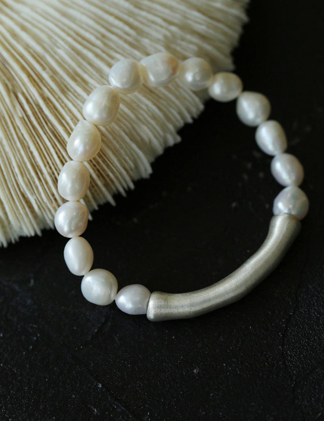 Baroque Shaped Pearl Silver Bend Elastic Bracelet - Gembea Jewelry