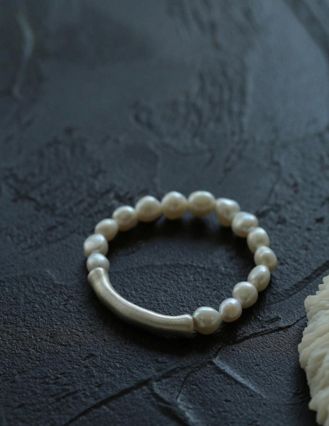 Baroque Shaped Pearl Silver Bend Elastic Bracelet - Gembea Jewelry