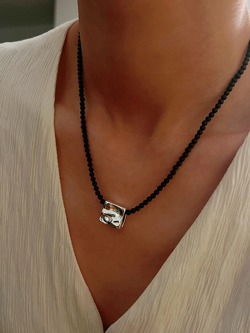 Black Agate Tianhe Stone Cube Pendant Bead Necklace gembea jewelry