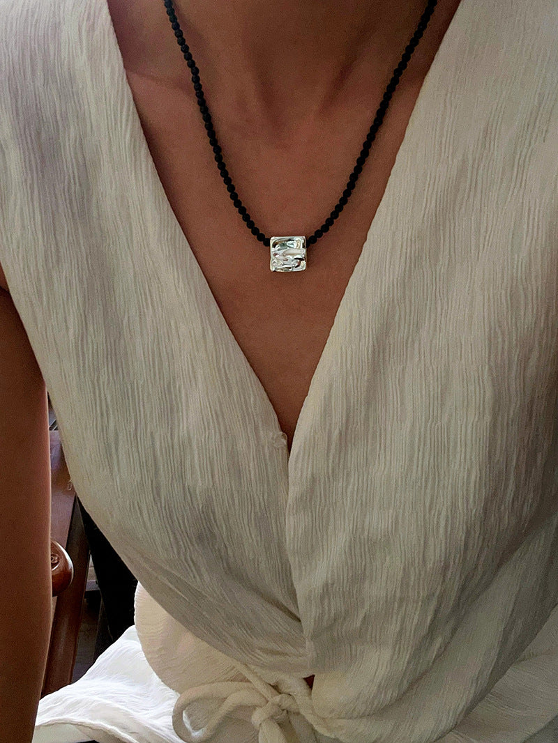 Black Agate Tianhe Stone Cube Pendant Bead Necklace gembea jewelry