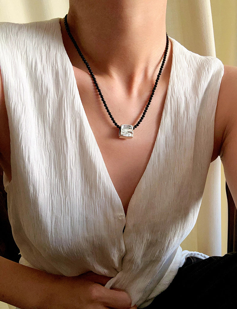 Black Agate Tianhe Stone Cube Pendant Bead Necklace gembea jewelry