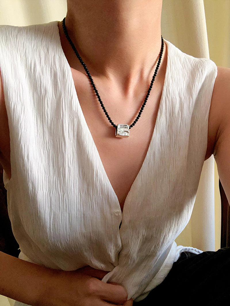 Black Agate Tianhe Stone Cube Pendant Bead Necklace gembea jewelry