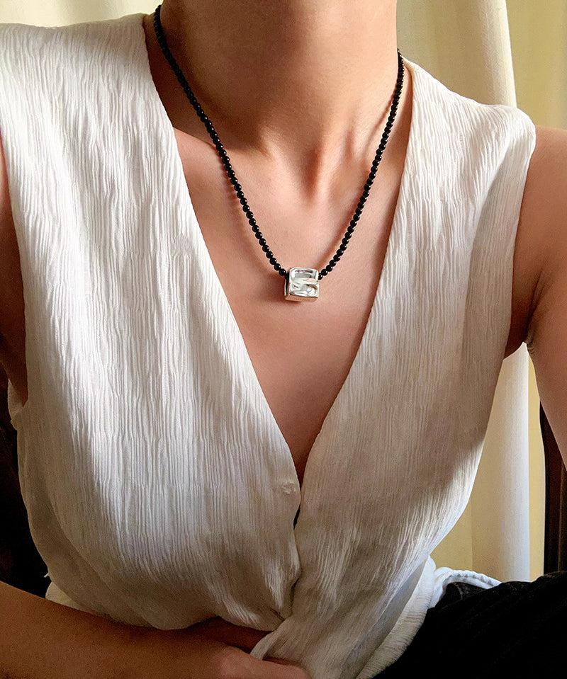Black Agate Tianhe Stone Cube Pendant Bead Necklace gembea jewelry