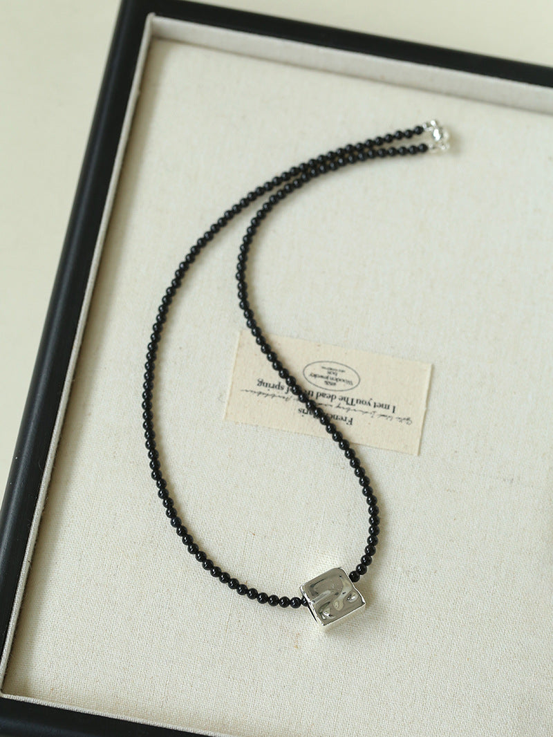 Black Agate Tianhe Stone Cube Pendant Bead Necklace gembea jewelry