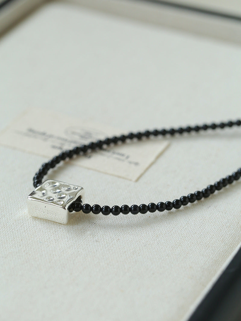 Black Agate Tianhe Stone Cube Pendant Bead Necklace gembea jewelry