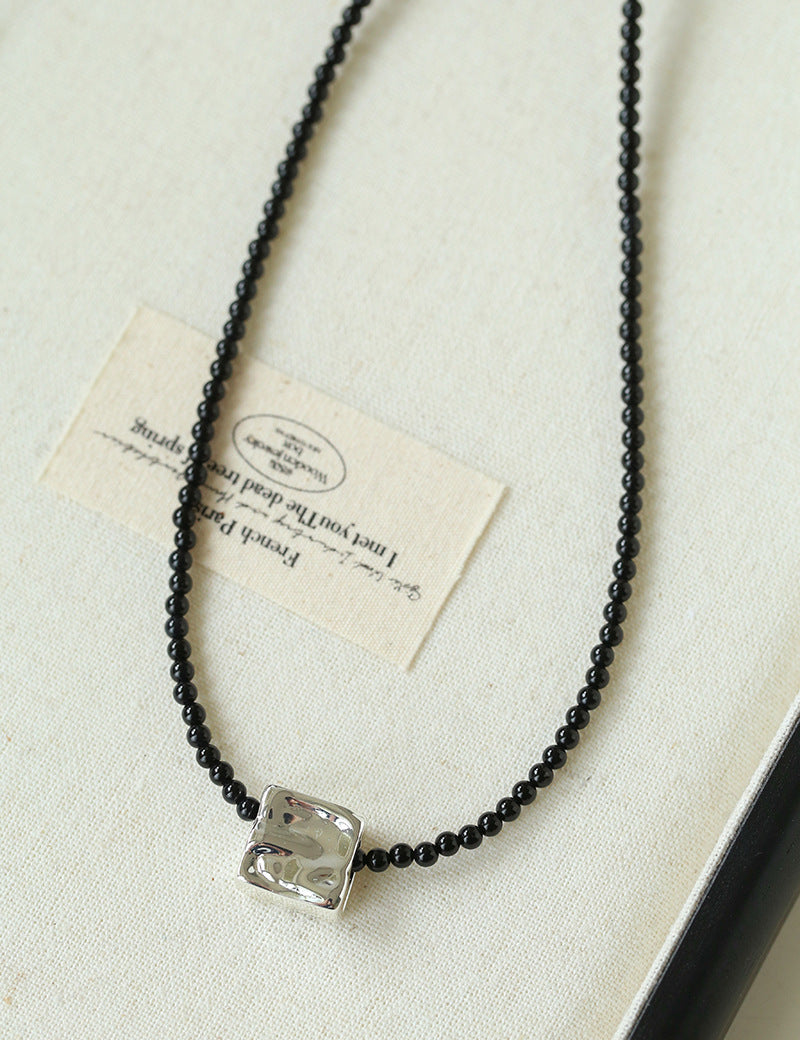 Black Agate Tianhe Stone Cube Pendant Bead Necklace gembea jewelry
