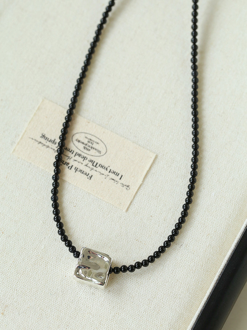Black Agate Tianhe Stone Cube Pendant Bead Necklace gembea jewelry