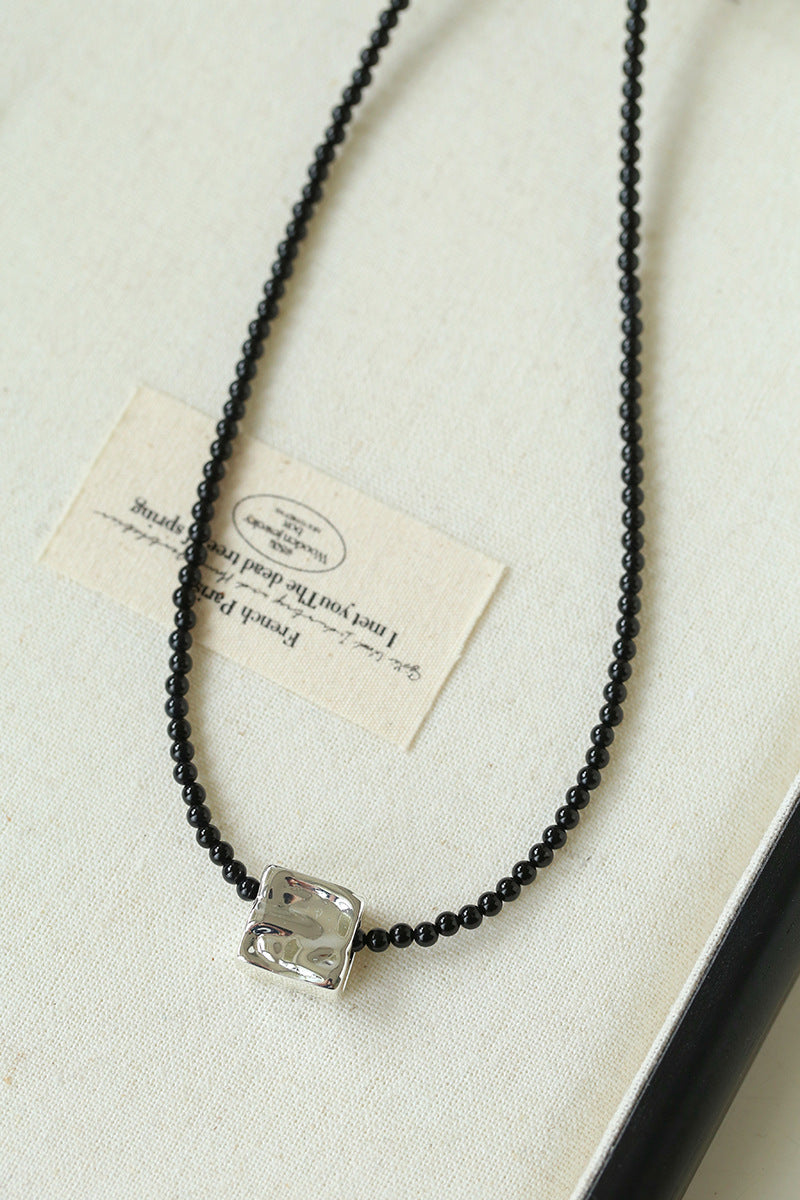 Black Agate Tianhe Stone Cube Pendant Bead Necklace gembea jewelry