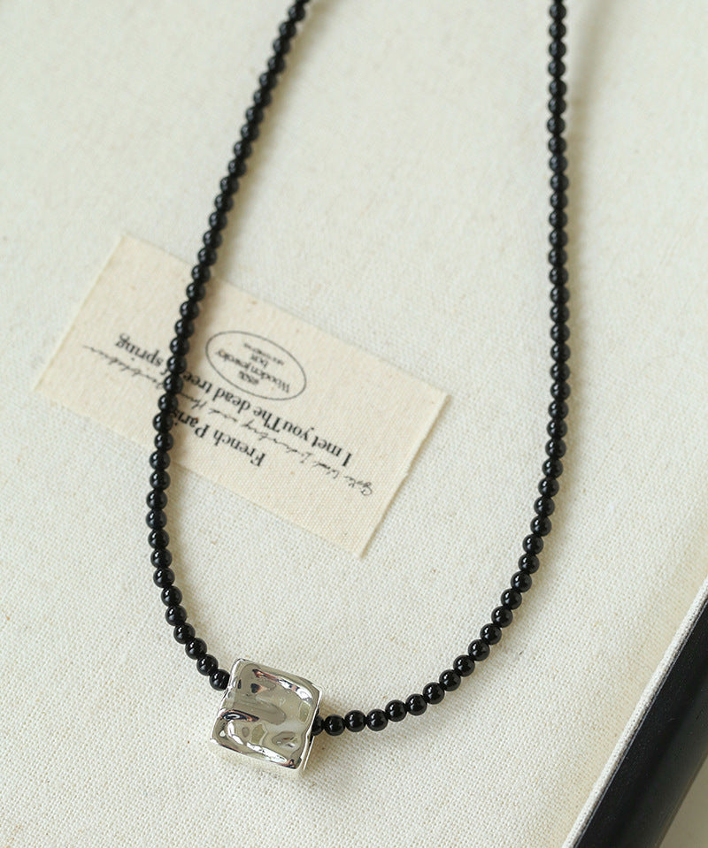 Black Agate Tianhe Stone Cube Pendant Bead Necklace gembea jewelry