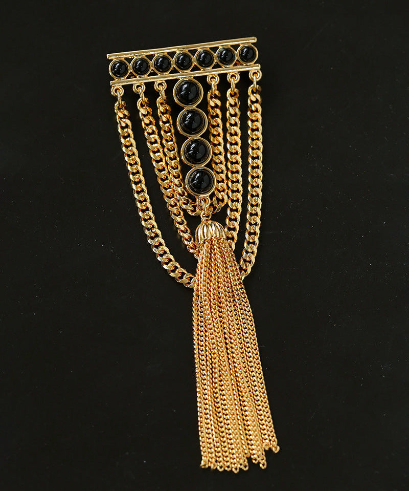 Black Agate Ball Stone Tassel Brooch gembea jewelry