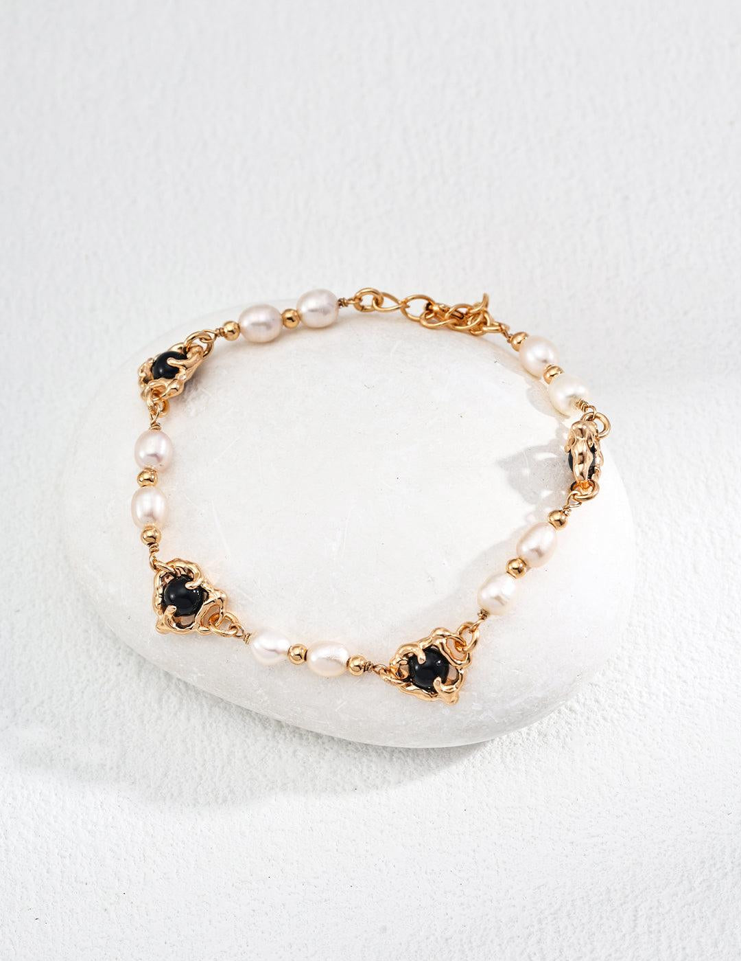Black Agate Pearl Chain Bracelet - Gembea Jewelry