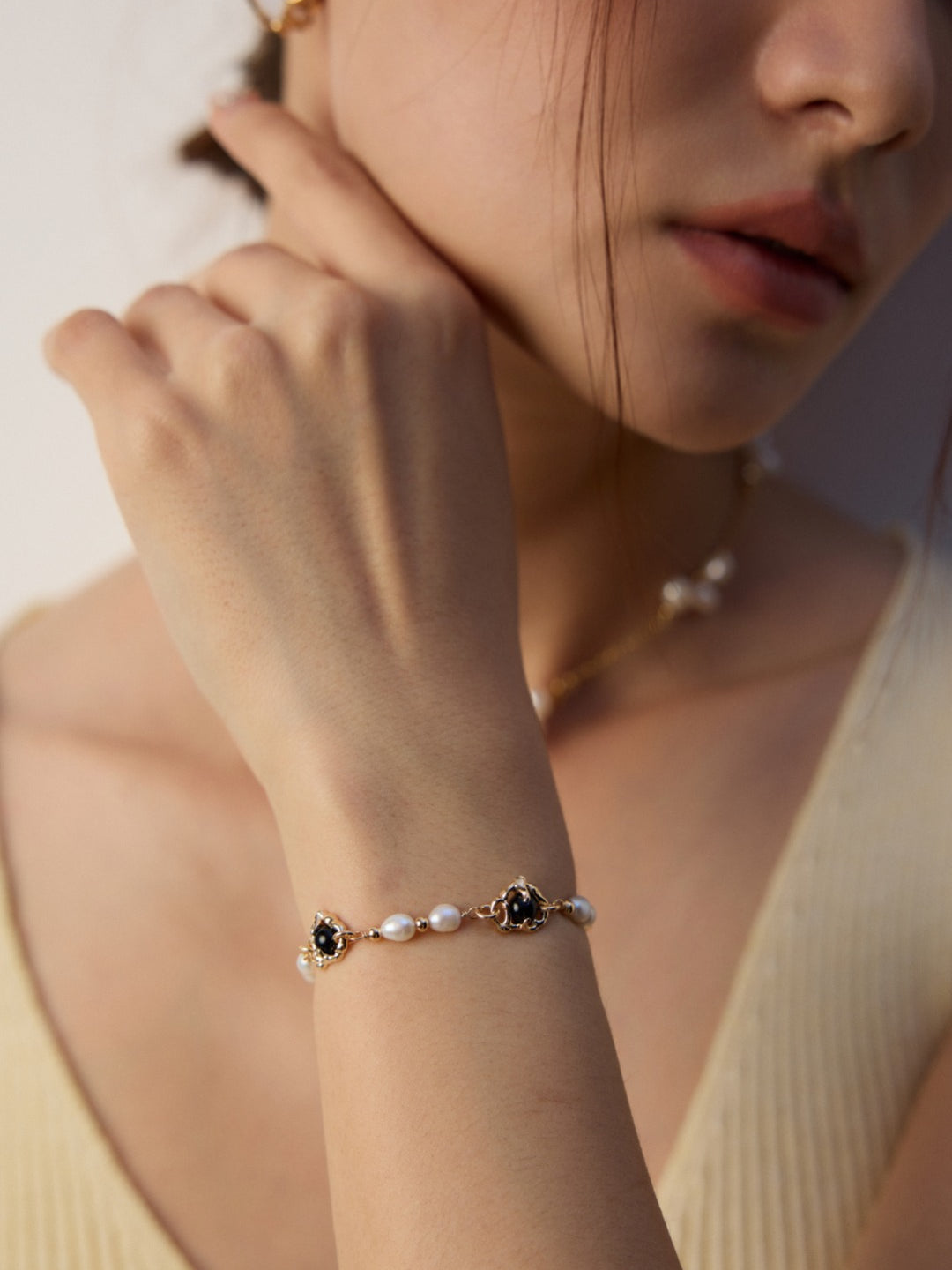 Black Agate Pearl Chain Bracelet-Gembea Jewelry