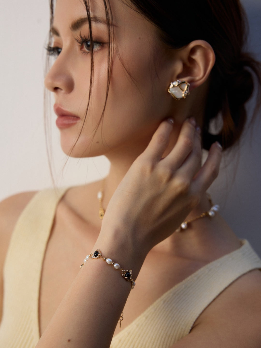 Black Agate Pearl Chain Bracelet-Gembea Jewelry