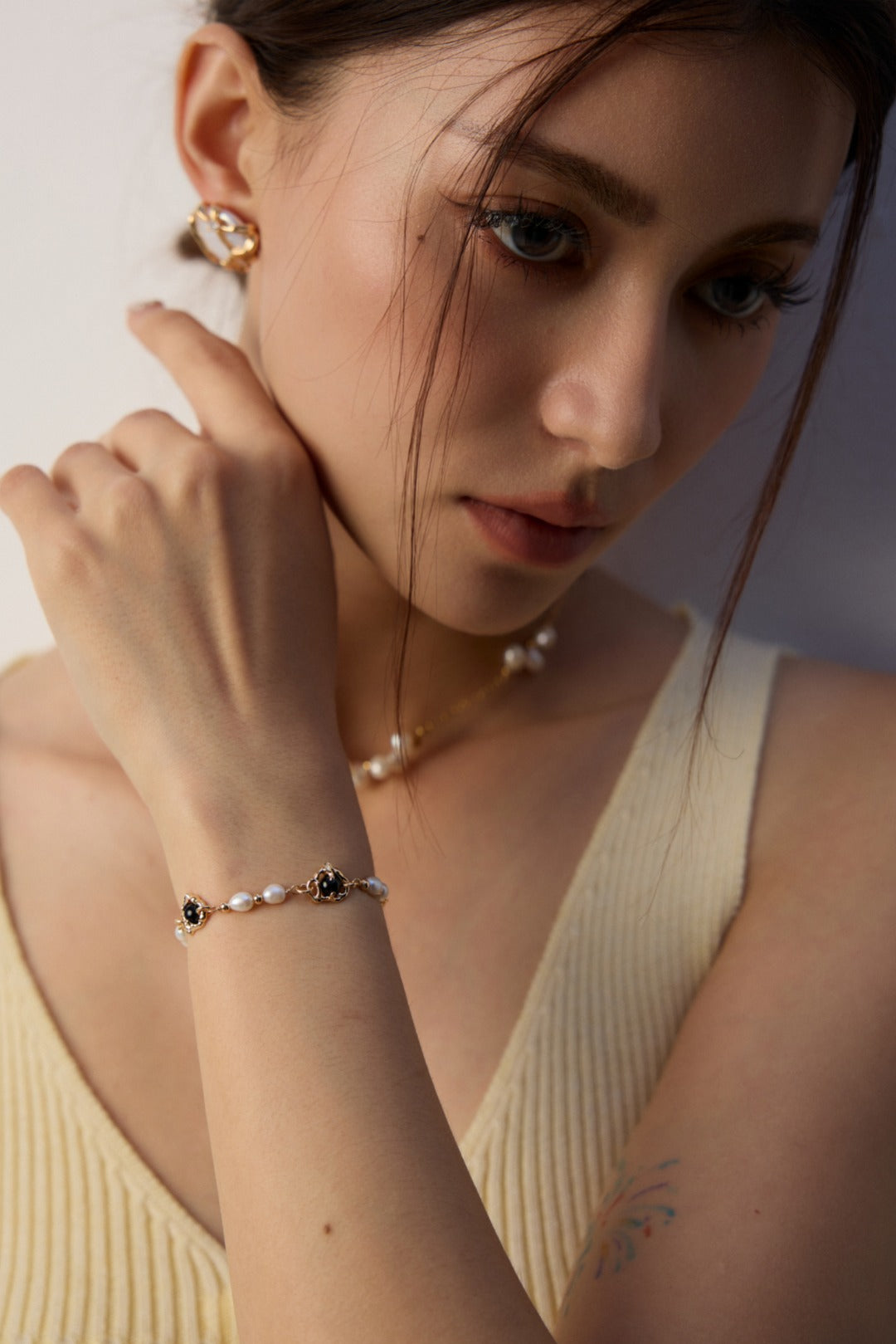 Black Agate Pearl Chain Bracelet-Gembea Jewelry