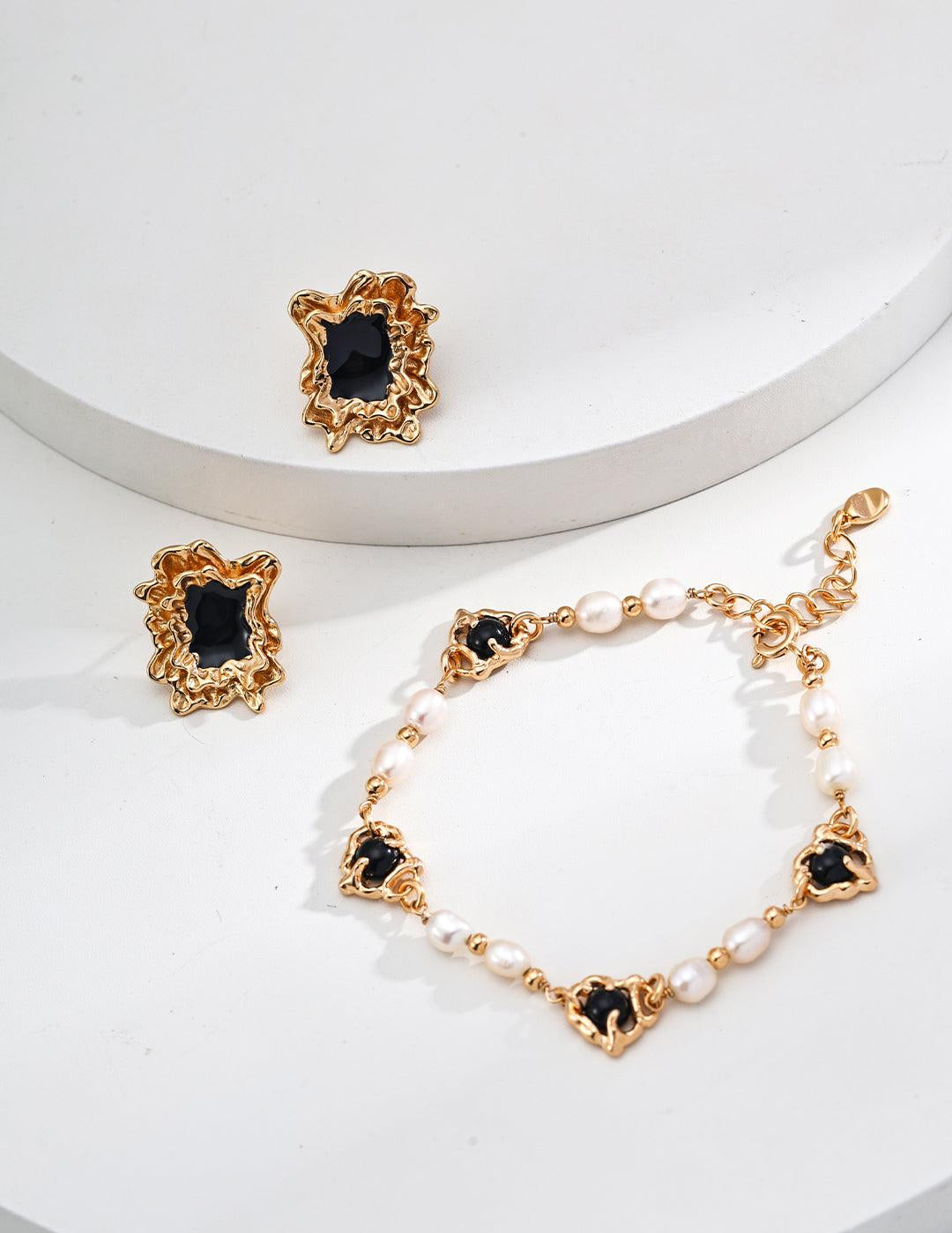 Black Agate Pearl Chain Bracelet - Gembea Jewelry