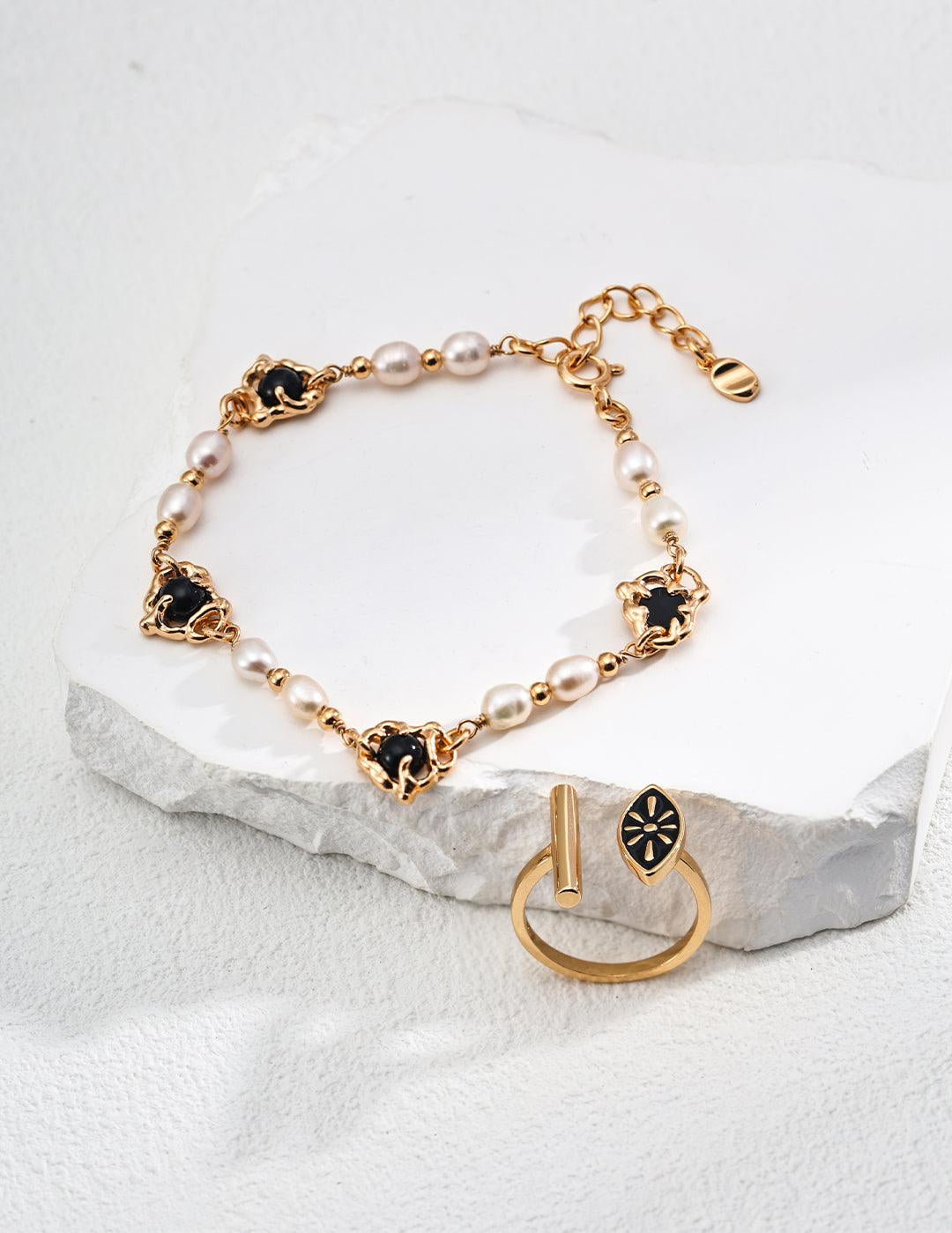 Black Agate Pearl Chain Bracelet - Gembea Jewelry