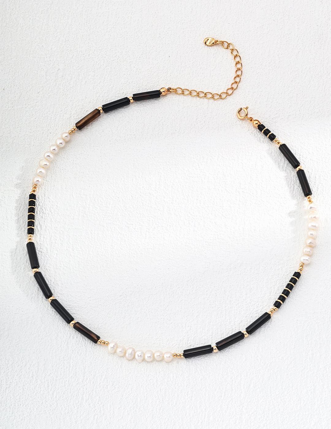 Black Agate Gemstone and Pearl Necklace - Gembea Jewelry