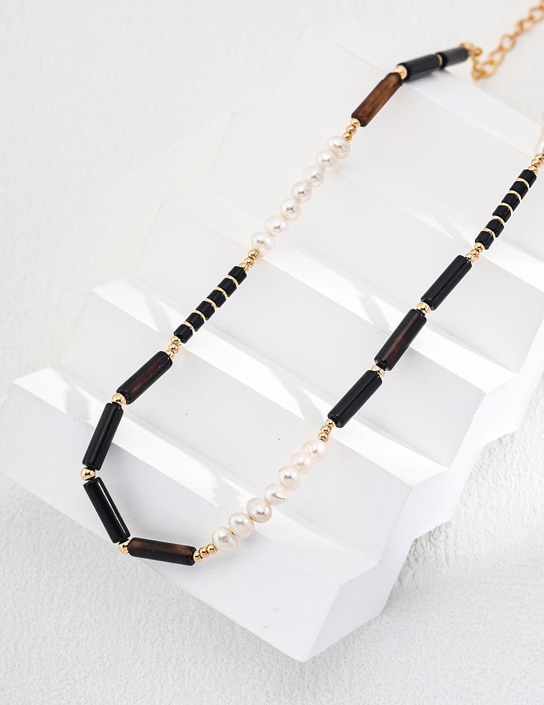 Black Agate Gemstone and Pearl Necklace - Gembea Jewelry