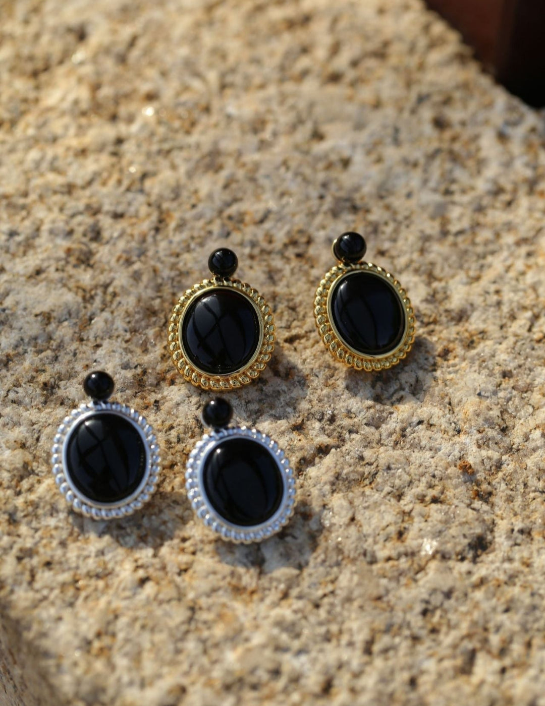 Black Agate Mirror Gemstone Stud Earrings gembea jewelry