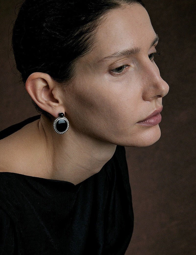 Black Agate Mirror Gemstone Stud Earrings gembea jewelry