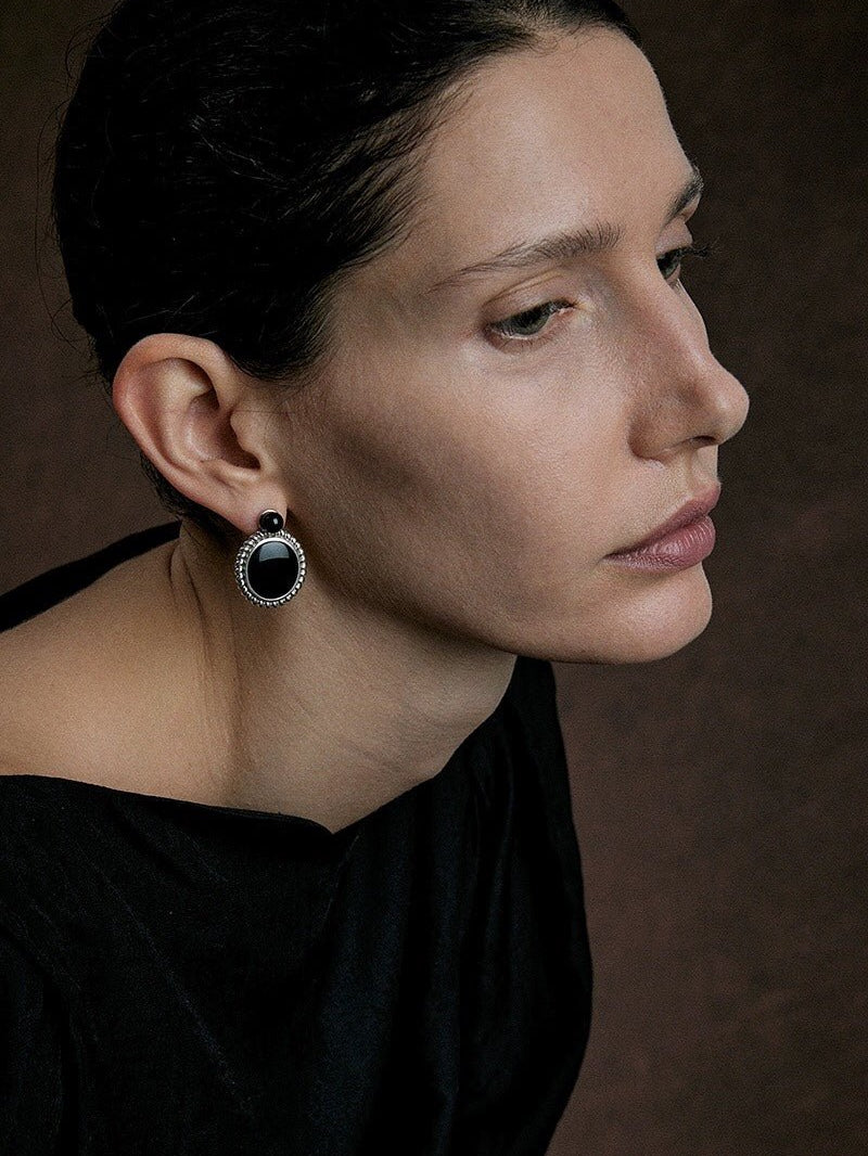 Black Agate Mirror Gemstone Stud Earrings gembea jewelry