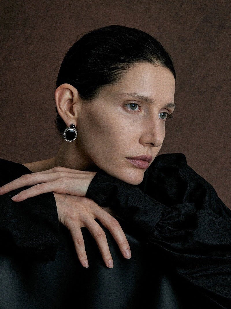 Black Agate Mirror Gemstone Stud Earrings gembea jewelry