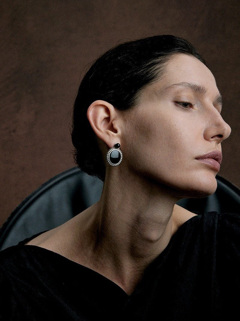 Black Agate Mirror Gemstone Stud Earrings gembea jewelry