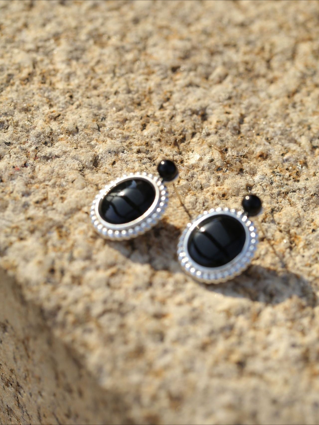 Black Agate Mirror Gemstone Stud Earrings gembea jewelry
