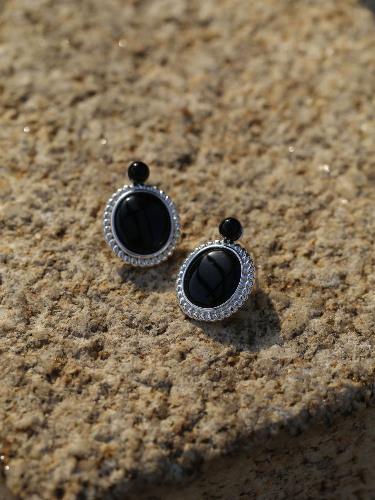 Black Agate Mirror Gemstone Stud Earrings gembea jewelry