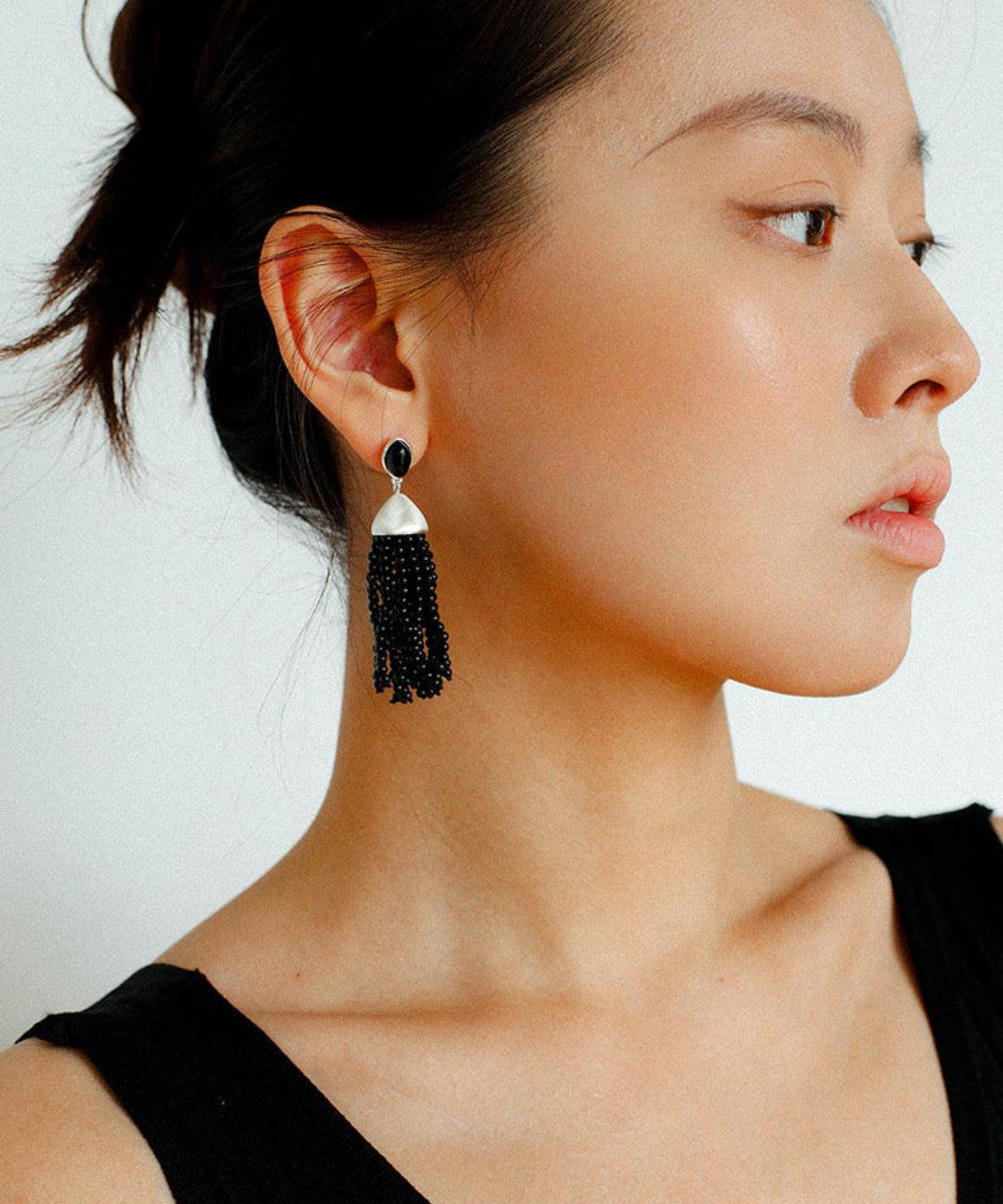 Black Agate Tassel Earrings - Gembea Jewelry