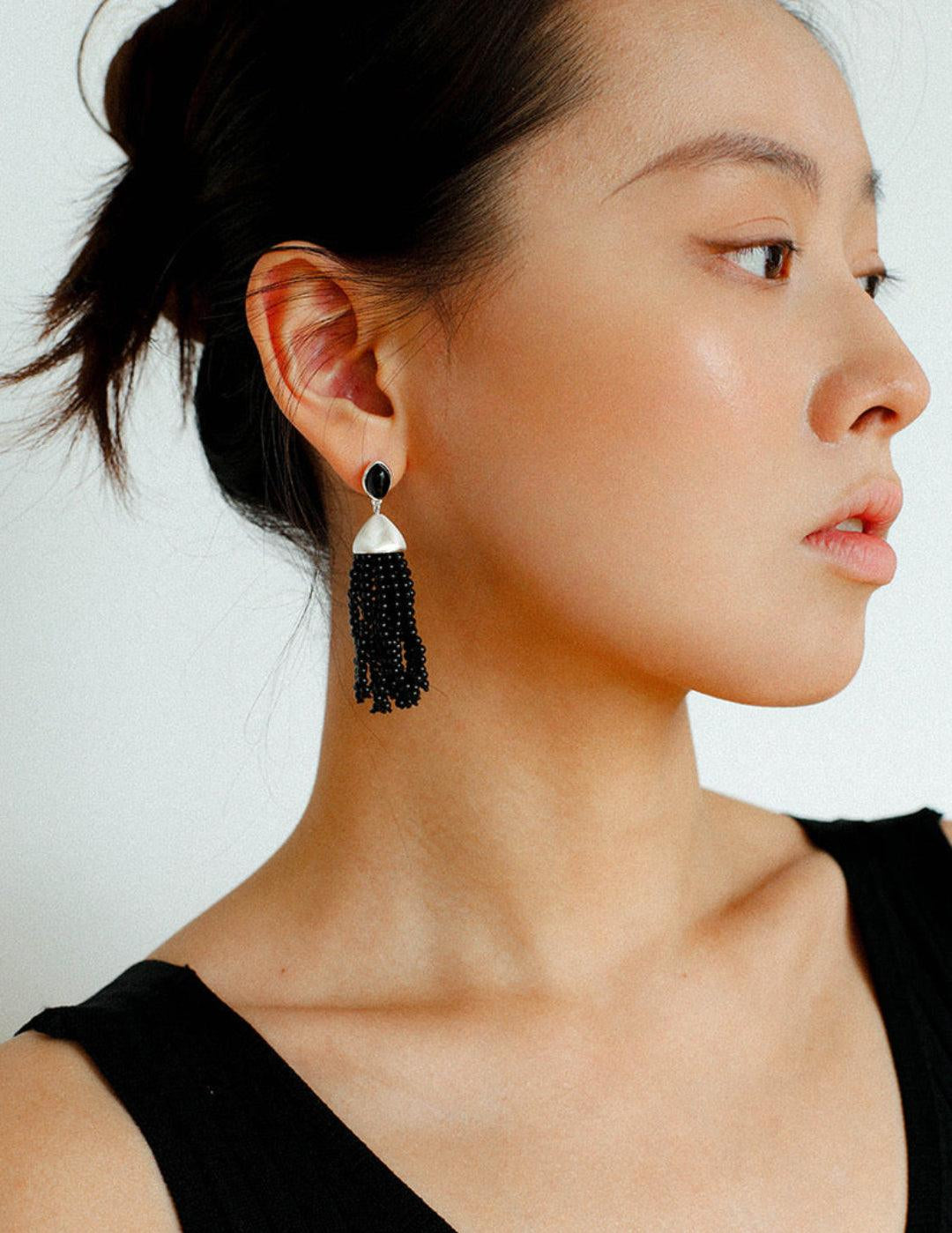 Black Agate Tassel Earrings - Gembea Jewelry