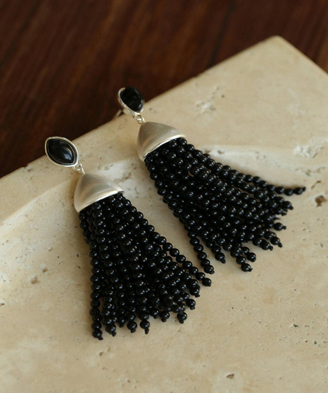 Black Agate Tassel Earrings - Gembea Jewelry
