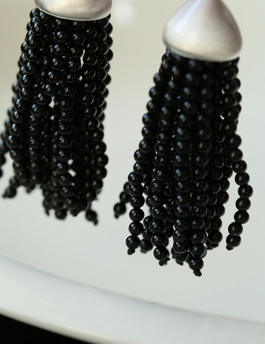 Black Agate Tassel Earrings - Gembea Jewelry