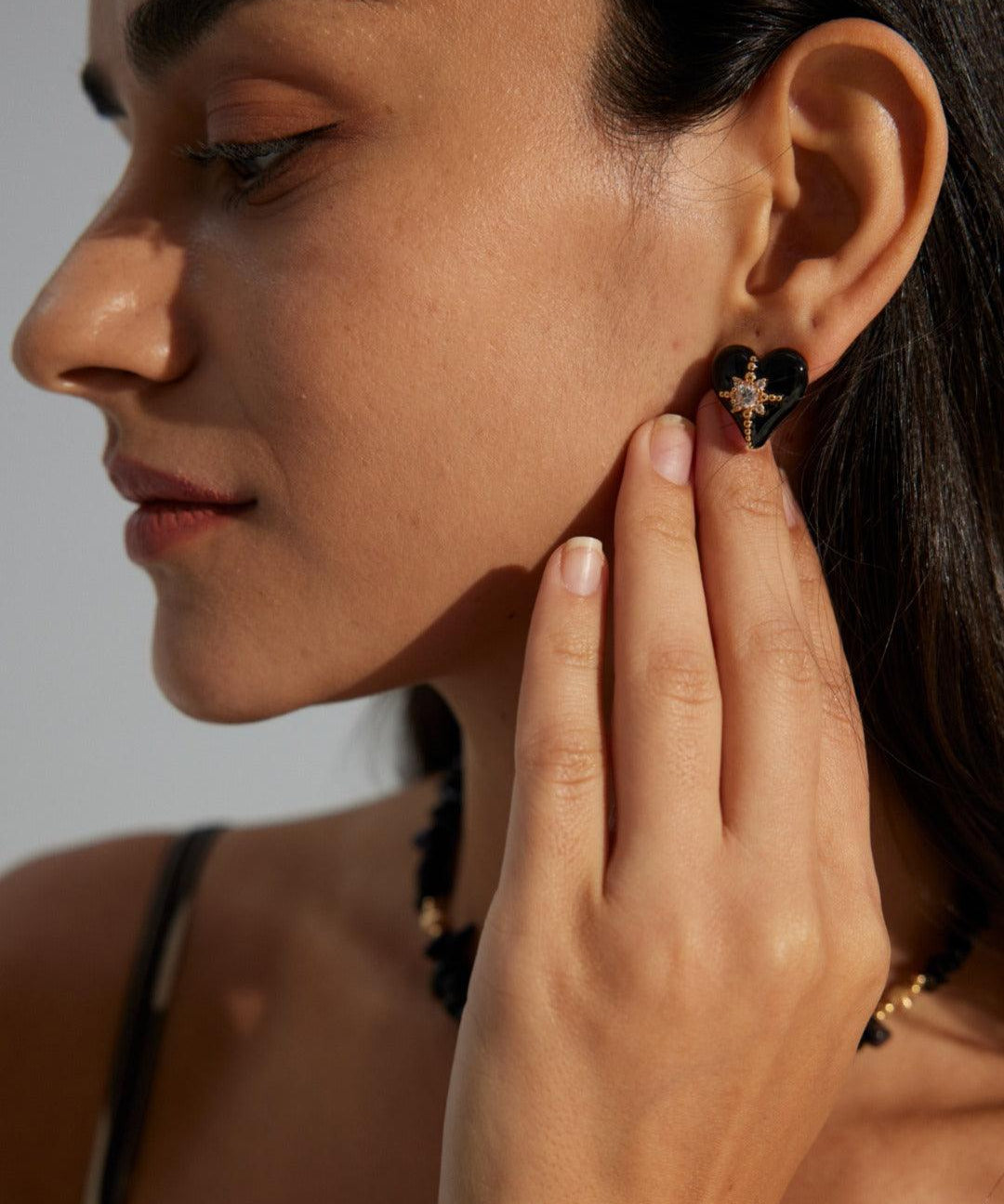 Black Heart Drop Glaze Enamel Zircon Stud Earrings - Gembea Jewelry