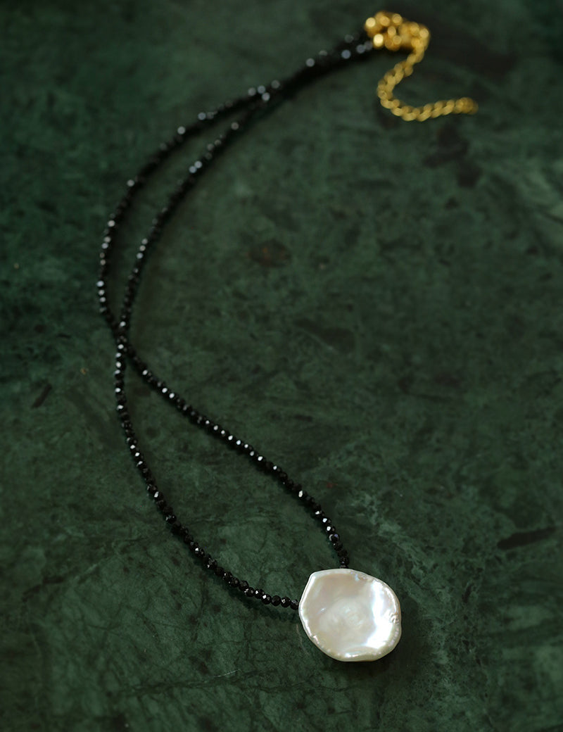 Black Spinel Petal Baroque Pearl Necklace-Gembea Jewelry