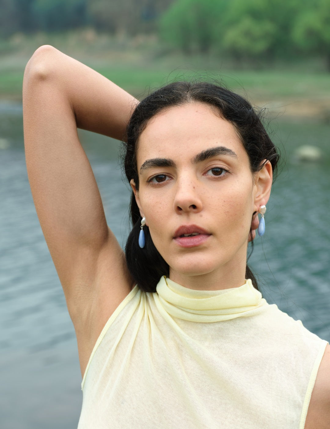 Blue Lace Agate Baroque Pearl Earrings gembea jewelry