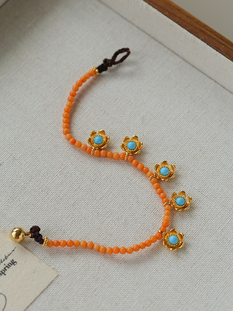 Blue Turquoise Flower Pendant Bead Bracelet gembea jewelry