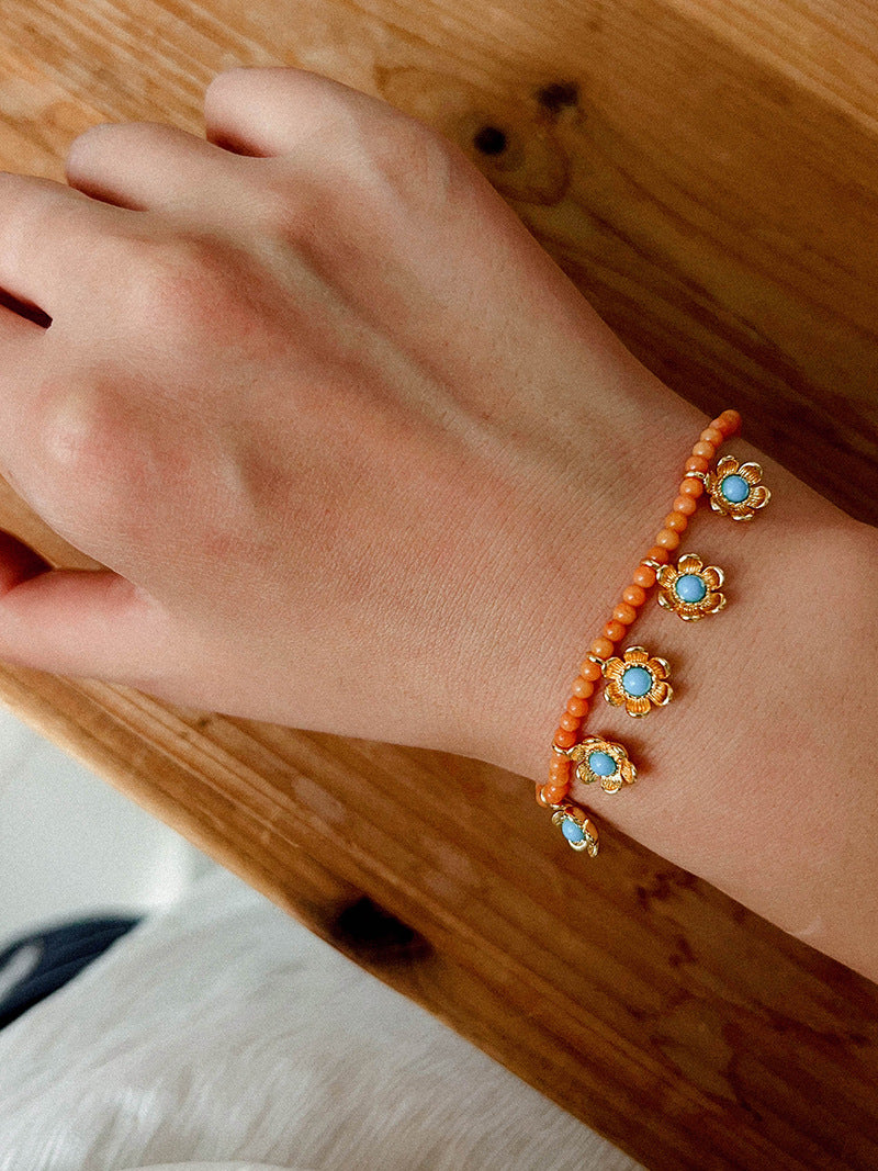 Blue Turquoise Flower Pendant Bead Bracelet gembea jewelry