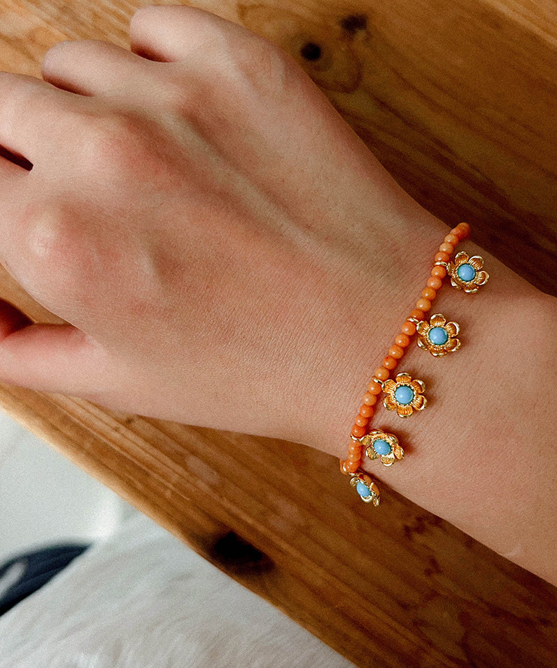 Blue Turquoise Flower Pendant Bead Bracelet gembea jewelry