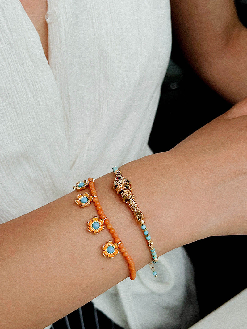 Blue Turquoise Flower Pendant Bead Bracelet gembea jewelry