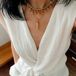 Blue Turquoise Flower Pendant Bead Necklace gembea jewelry