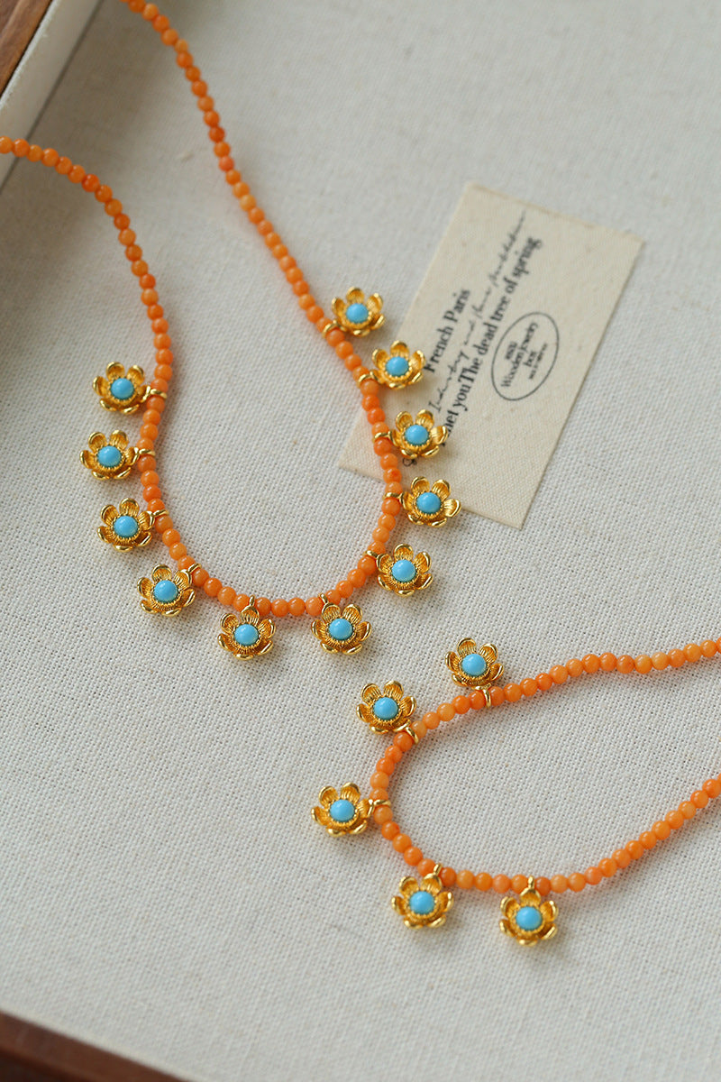 Blue Turquoise Flower Pendant Bead Necklace gembea jewelry