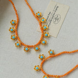 Blue Turquoise Flower Pendant Bead Necklace gembea jewelry