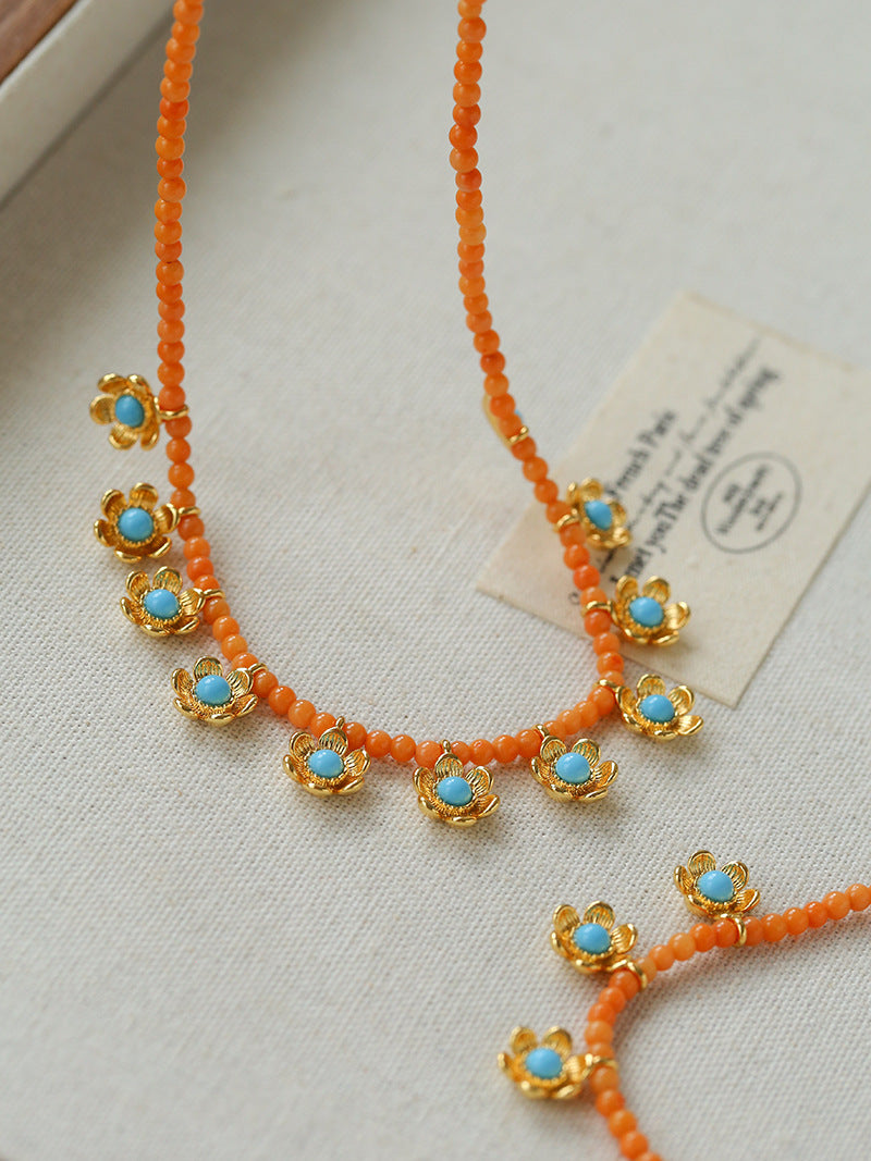 Blue Turquoise Flower Pendant Bead Necklace gembea jewelry