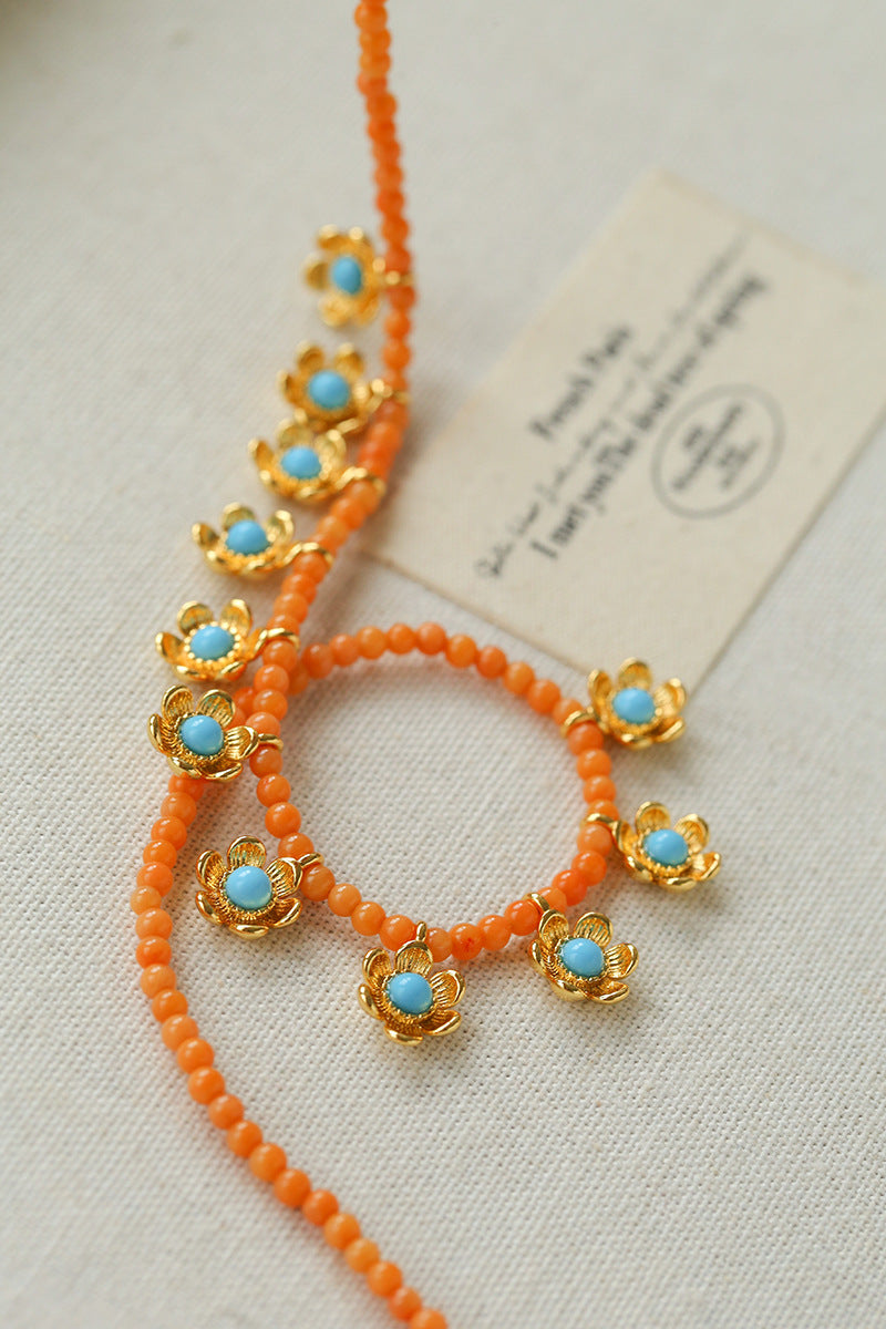 Blue Turquoise Flower Pendant Bead Necklace gembea jewelry