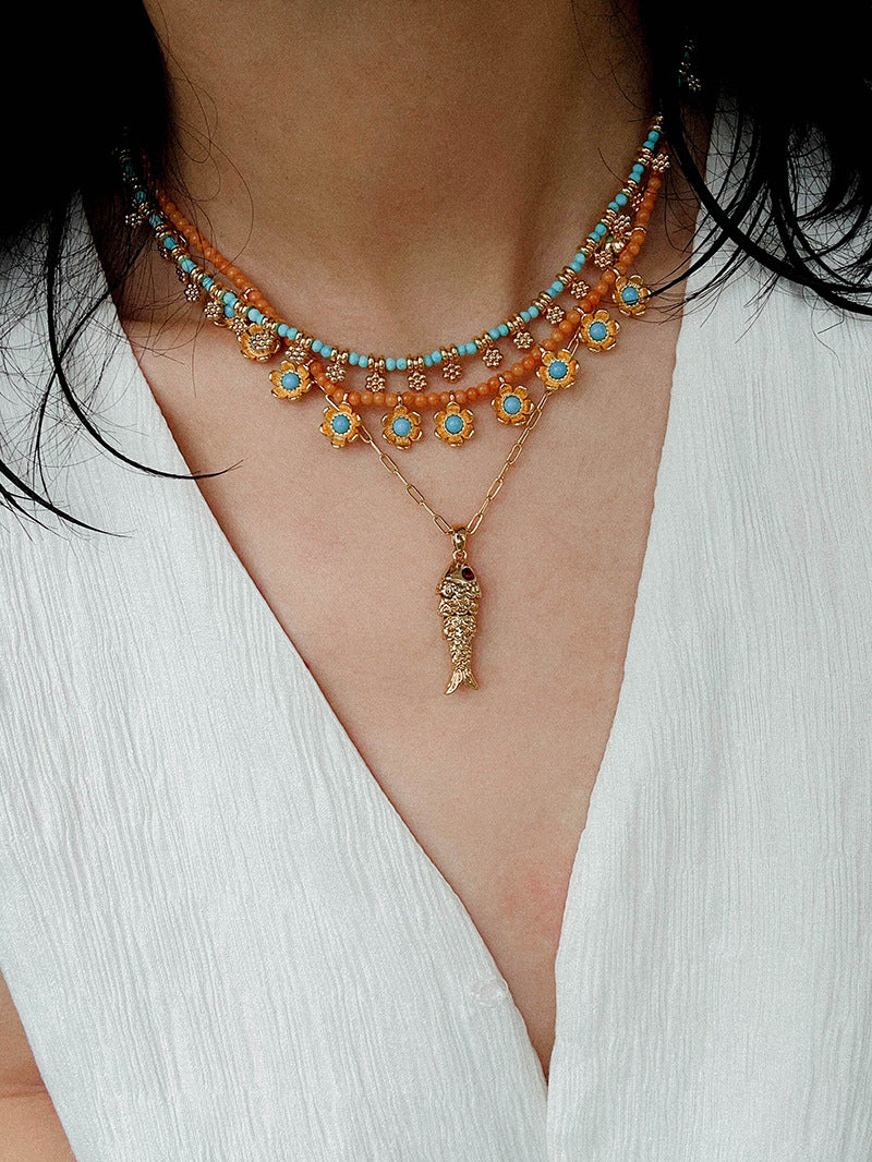 Blue Turquoise Flower Pendant Bead Necklace gembea jewelry