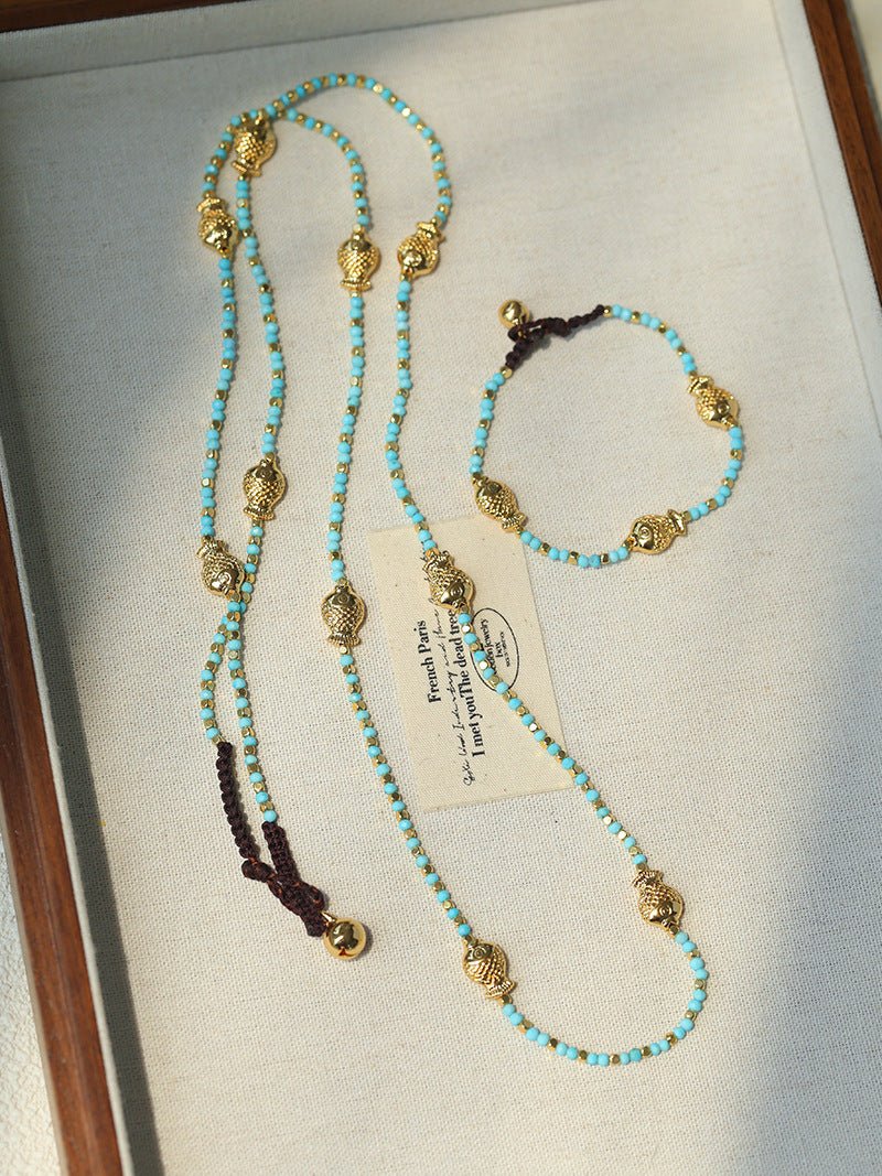 Blue Turquoise Golden Koi Beaded Bracelet gembea jewelry