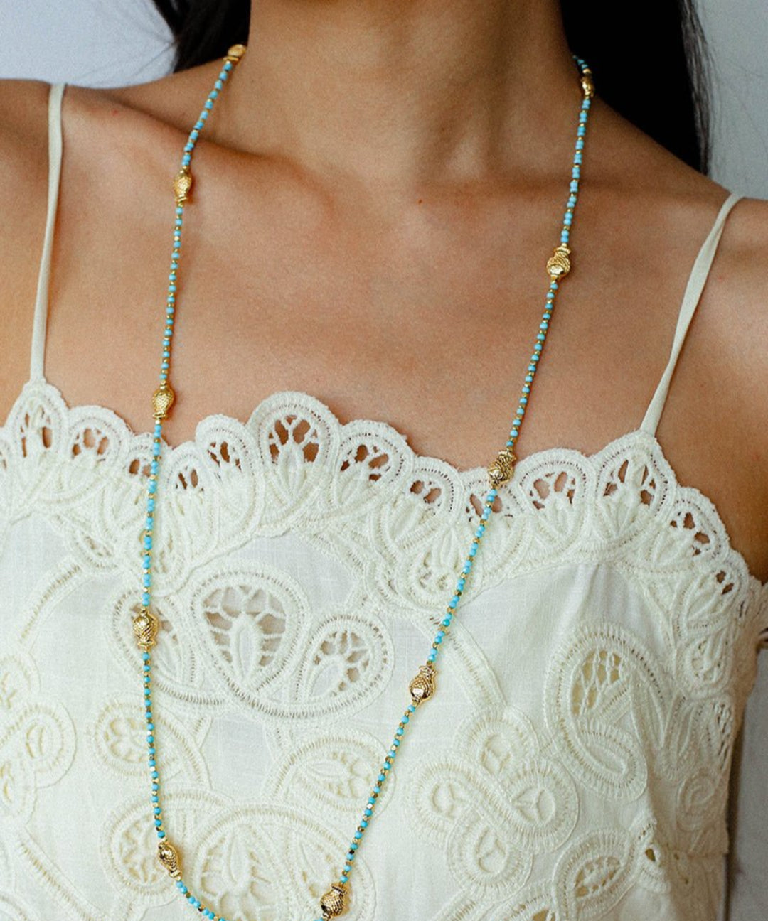 Blue Turquoise Golden Koi Beaded Long Necklace gembea jewelry