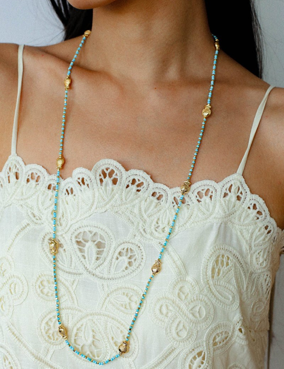 Blue Turquoise Golden Koi Beaded Long Necklace gembea jewelry