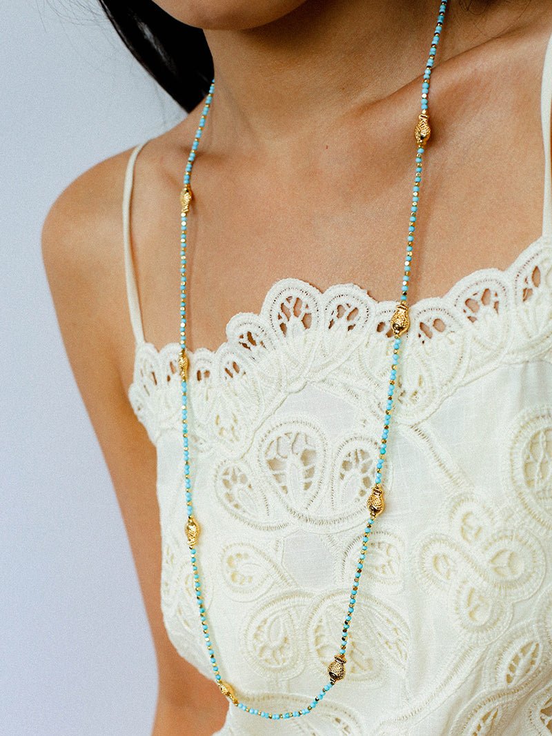 Blue Turquoise Golden Koi Beaded Long Necklace gembea jewelry